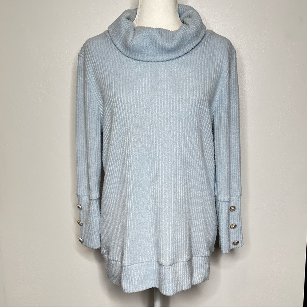 Olivia Blu Baby Blue Knit Sweater XL Very Soft Statement Pearl Buttons